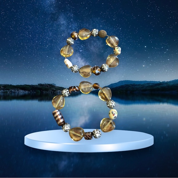 Boho Amber/Brown/Silver Chunky Beaded Stretch Bracelet - Picture 11 of 15